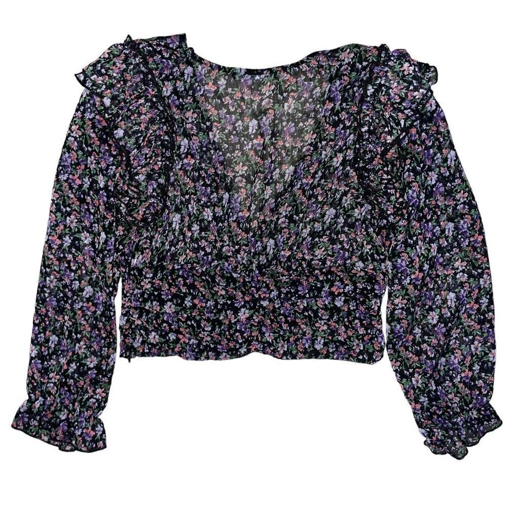 Zara Cropped Blouse Floral Long Sleeve Ruffle V Neck Small - Picture 6 of 7